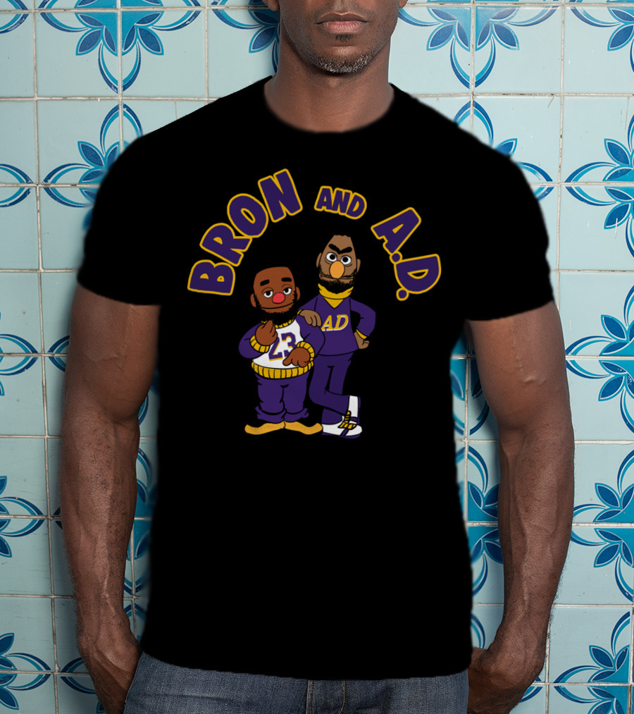 Bron And A.D. Cartoon Characters In Purple And Gold Outfits T-Shirt