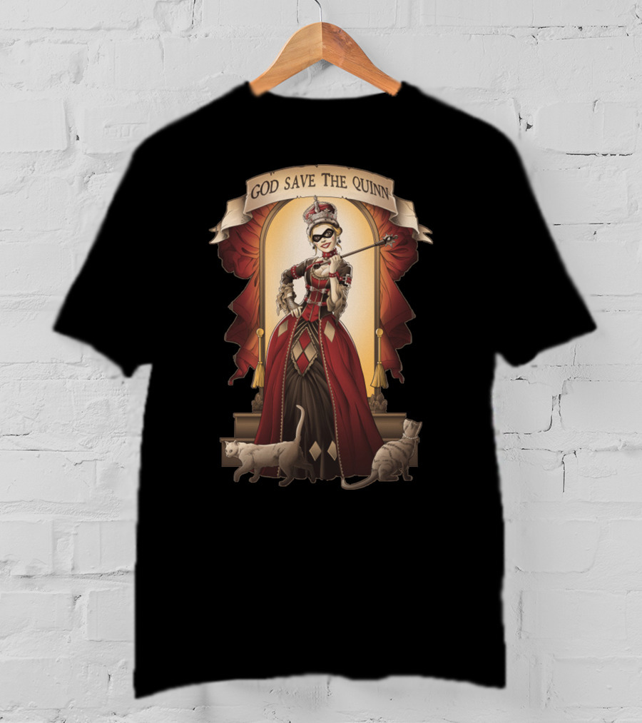 God Save The Quinn Victorian Jester Queen With Cats And Masked Scepter T-Shirt