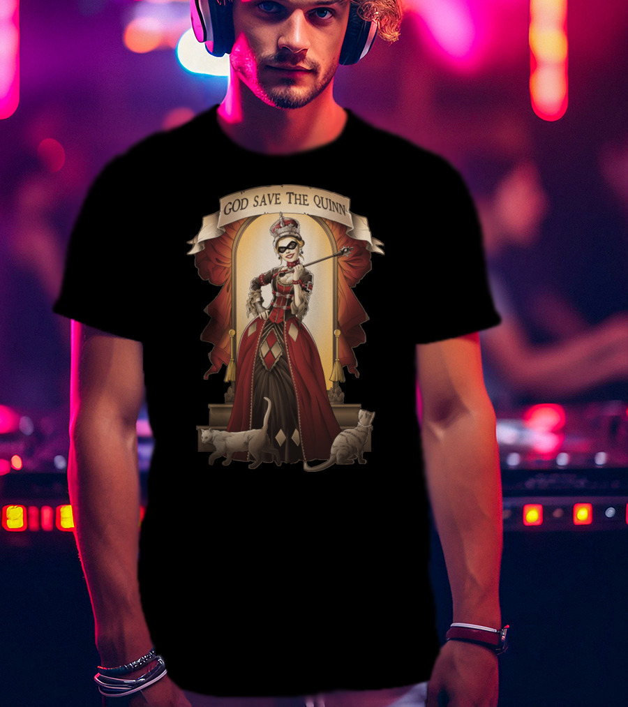 God Save The Quinn Victorian Jester Queen With Cats And Masked Scepter T-Shirt
