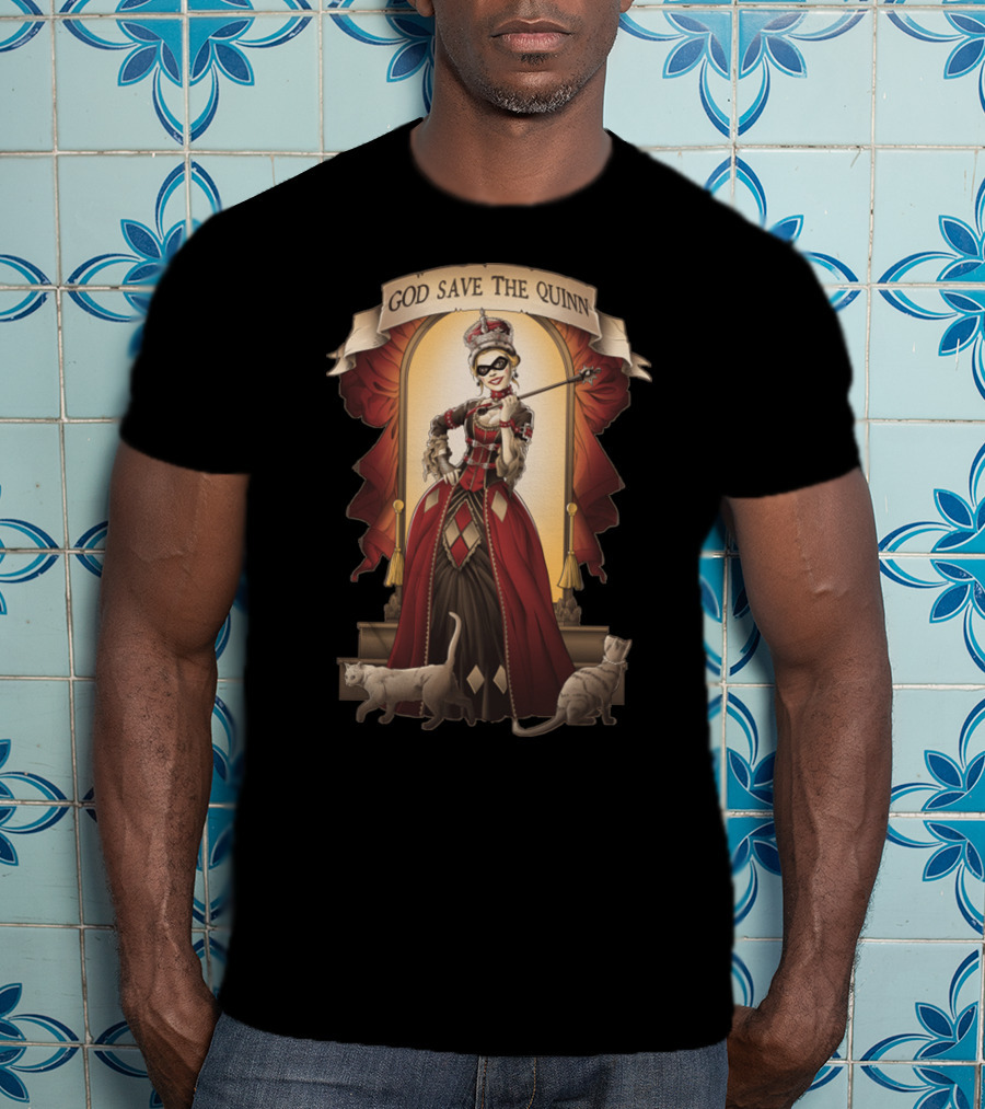 God Save The Quinn Victorian Jester Queen With Cats And Masked Scepter T-Shirt
