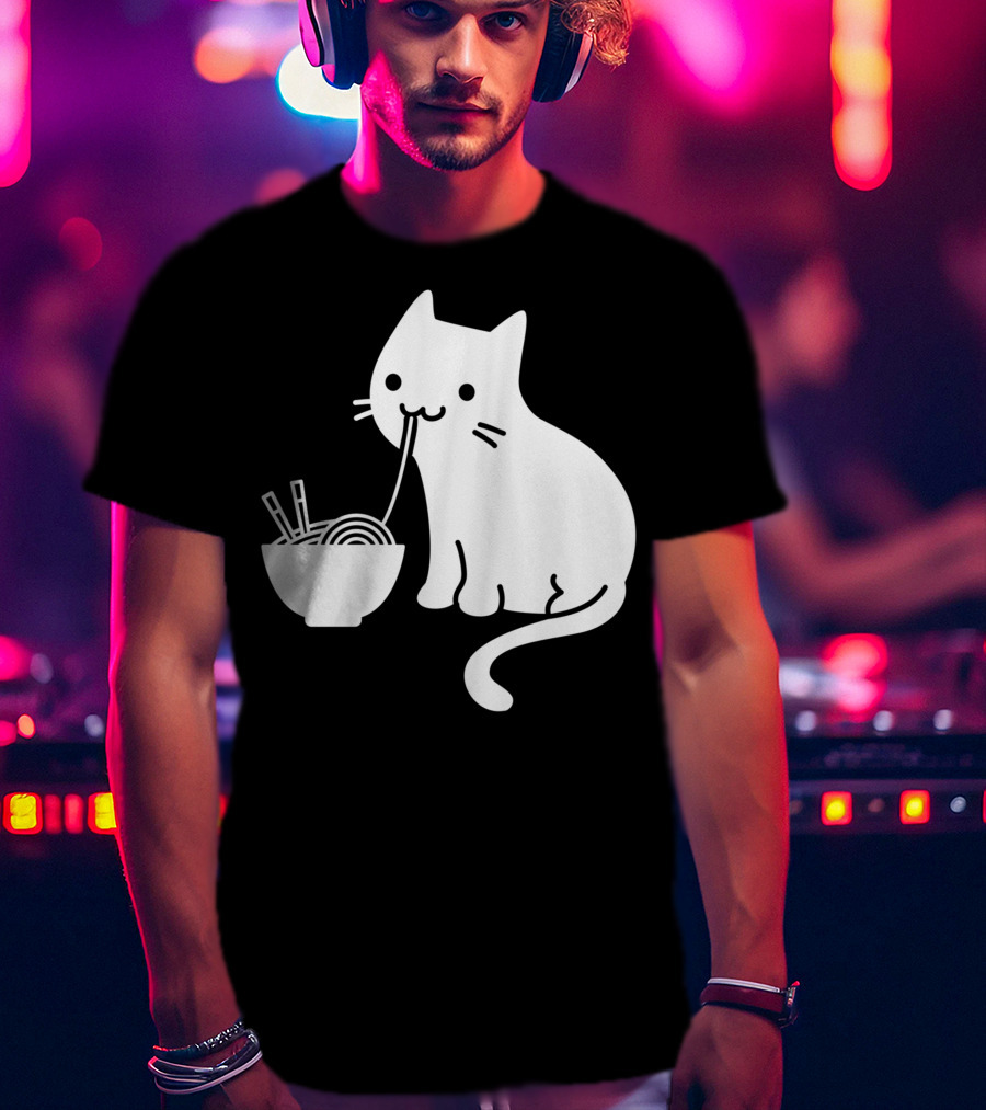 Chat Mignon Manger Ramen Essentiel Blanc Noir T-Shirt