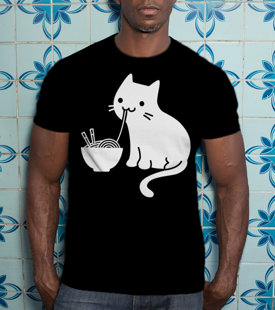 Chat Mignon Manger Ramen Essentiel Blanc Noir T-Shirt