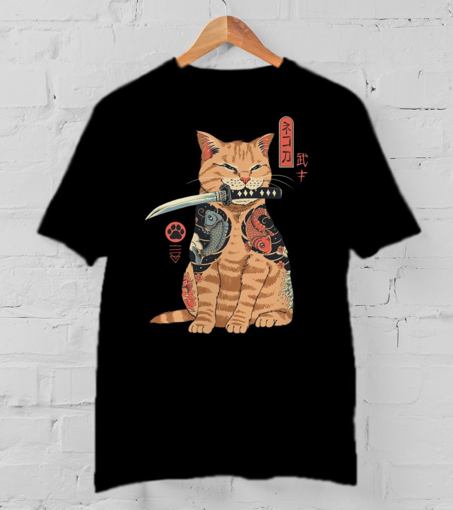 Catana Classique Samurai Cat Kanji Tattoo Koi Fish Katana T-Shirt