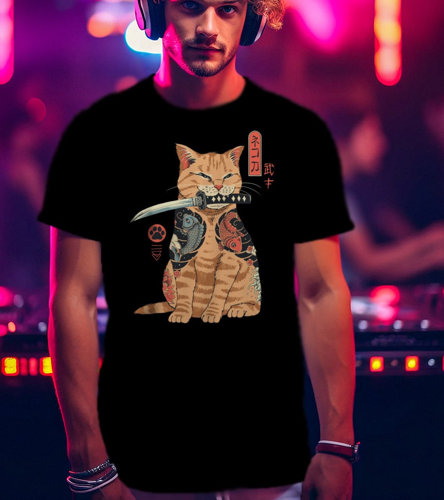 Catana Classique Samurai Cat Kanji Tattoo Koi Fish Katana T-Shirt