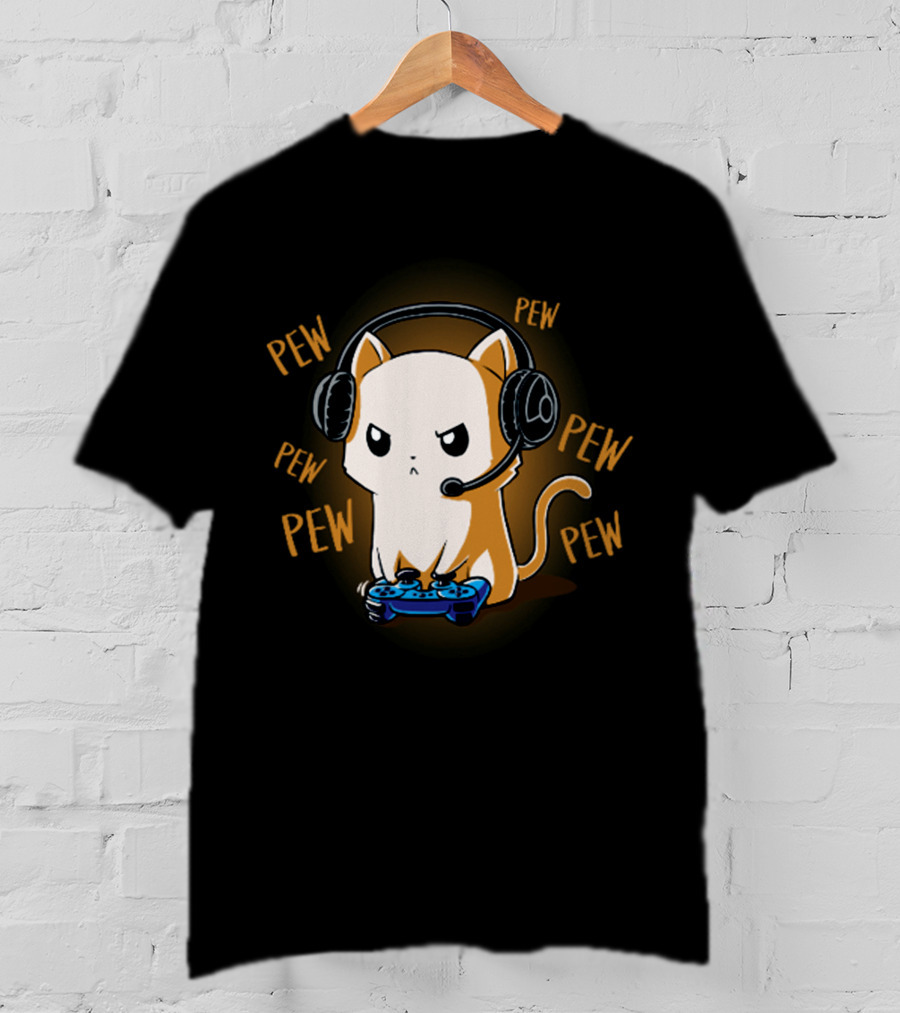Pew Pew Kitty Cat Gamer Kliban Cats Headset Controller T-Shirt