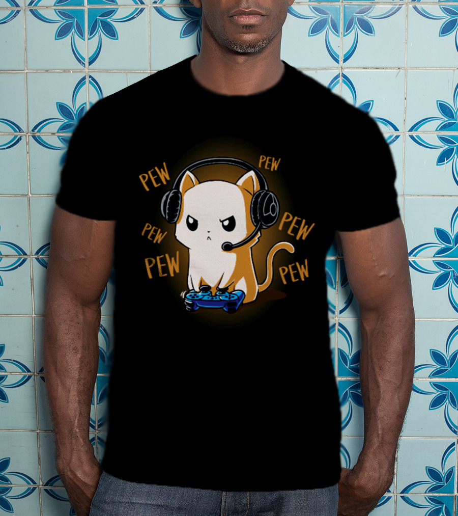 Pew Pew Kitty Cat Gamer Kliban Cats Headset Controller T-Shirt