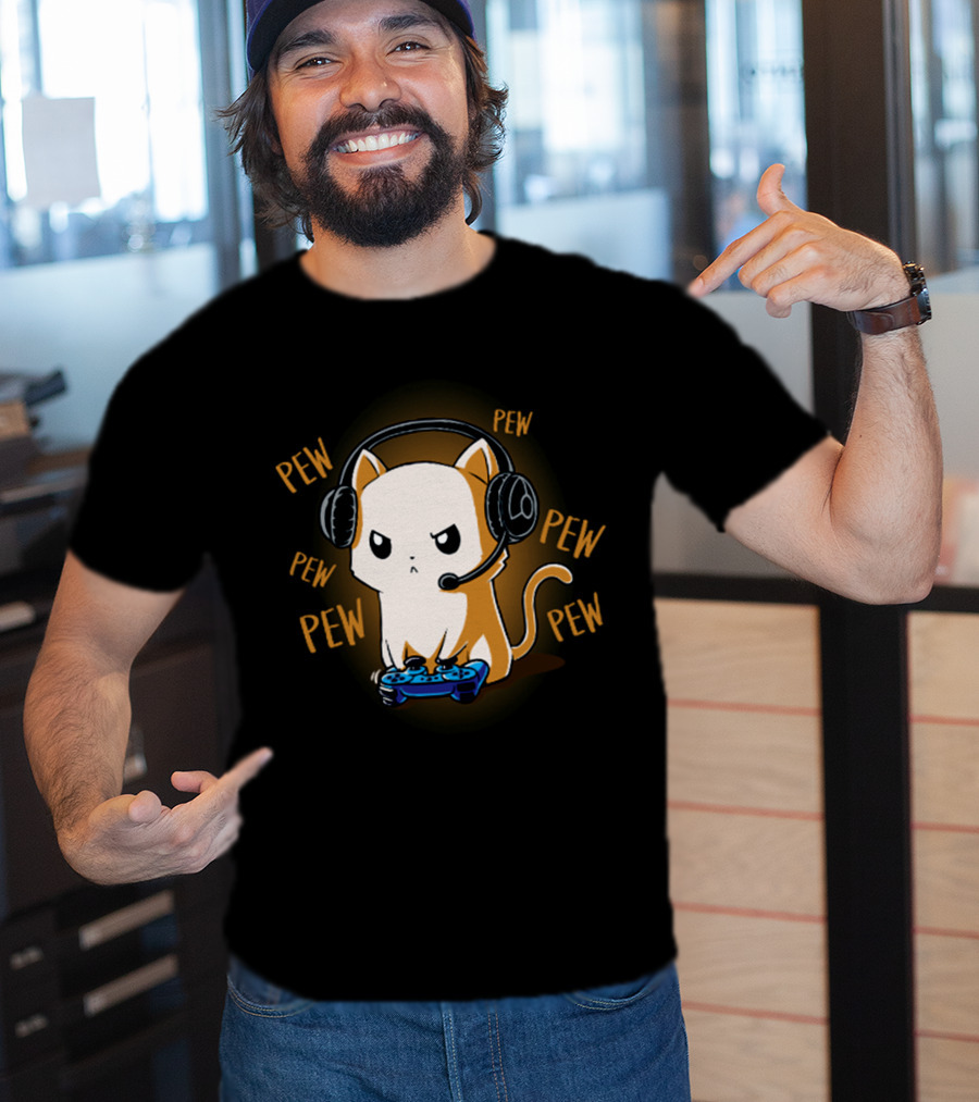 Pew Pew Kitty Cat Gamer Kliban Cats Headset Controller T-Shirt