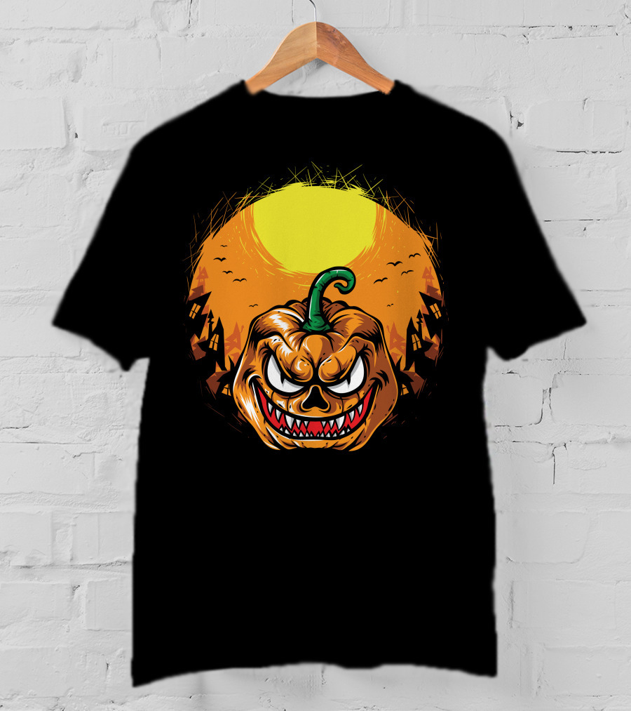 Spooky Grinning Pumpkin With Haunted Houses And Bats Under Full Moon Halloween T-Shirt