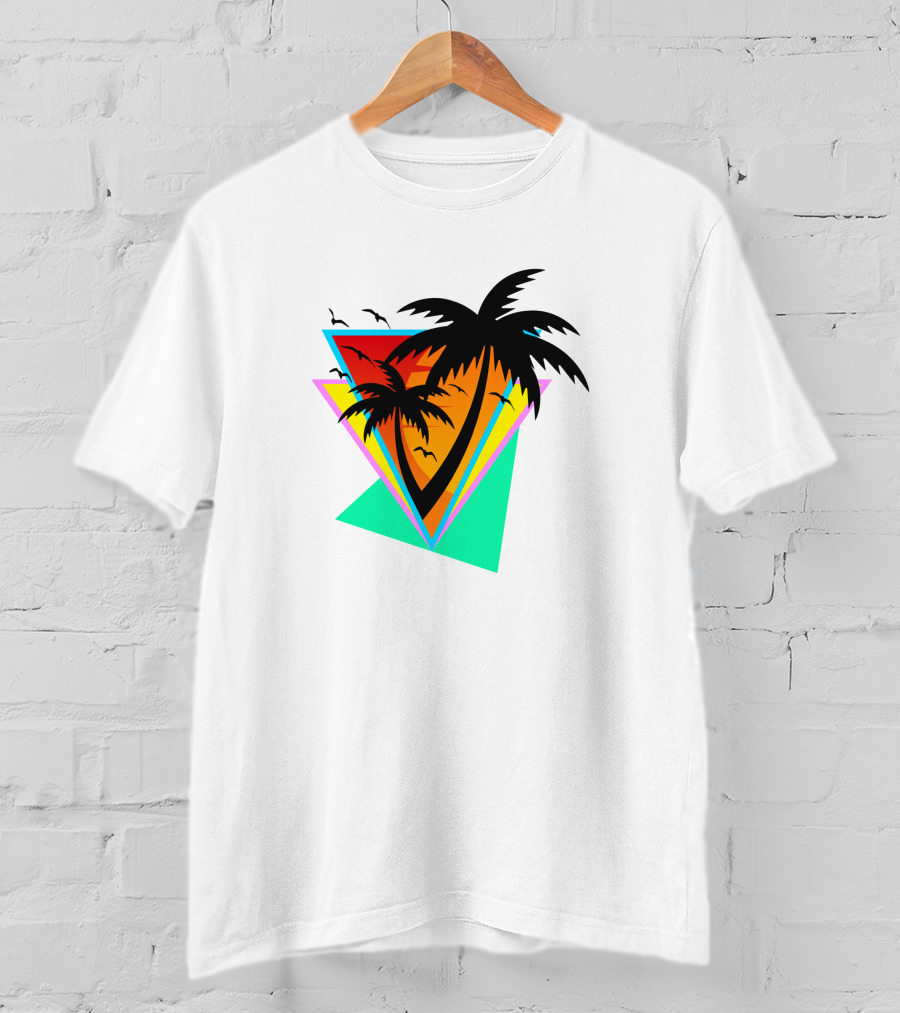 The Sea And You Tropical Palm Sunset With Geometric Triangles And Birds T-Shirt