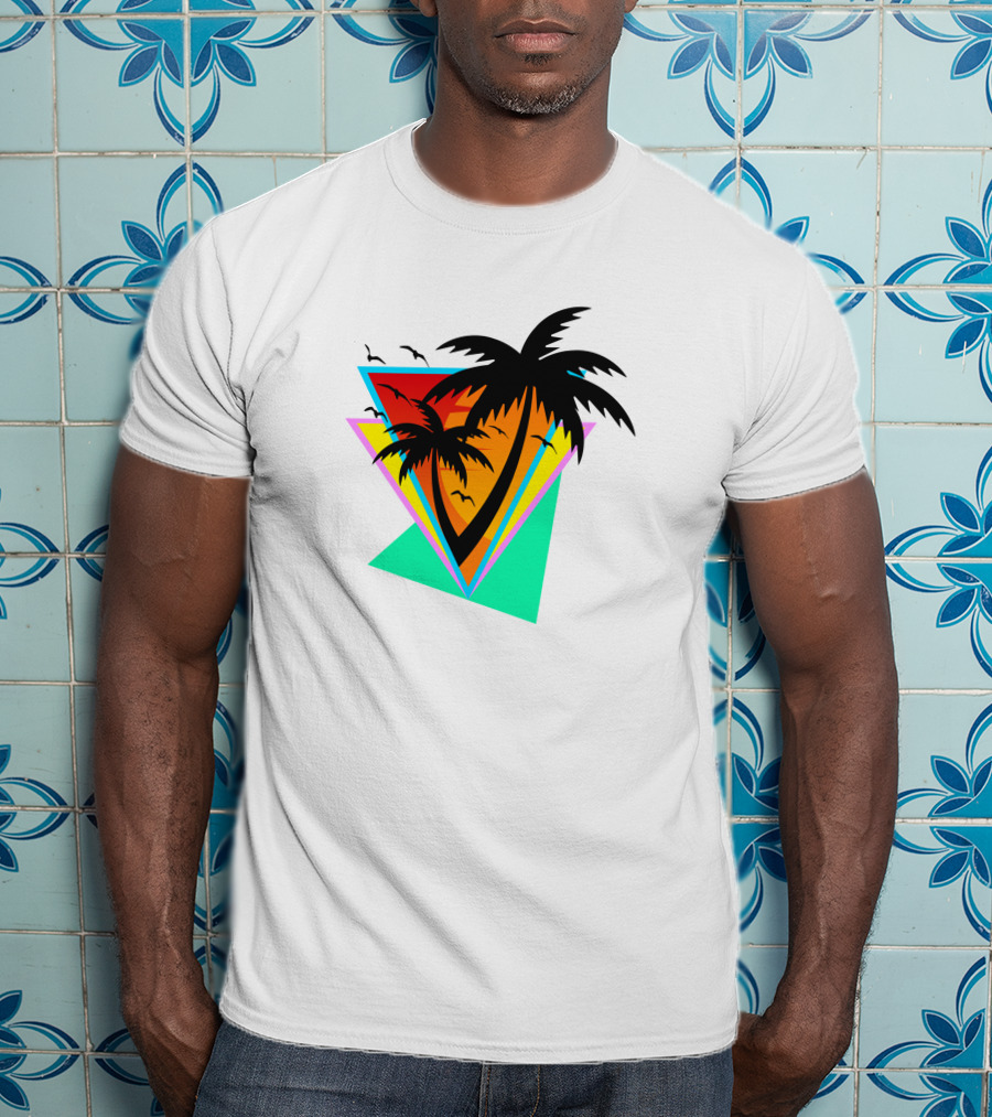 The Sea And You Tropical Palm Sunset With Geometric Triangles And Birds T-Shirt