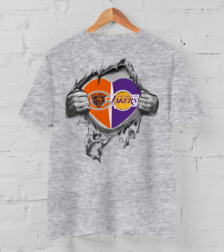 Bears Lakers Heart Torn Open With Chicago And Los Angeles Logos T-Shirt