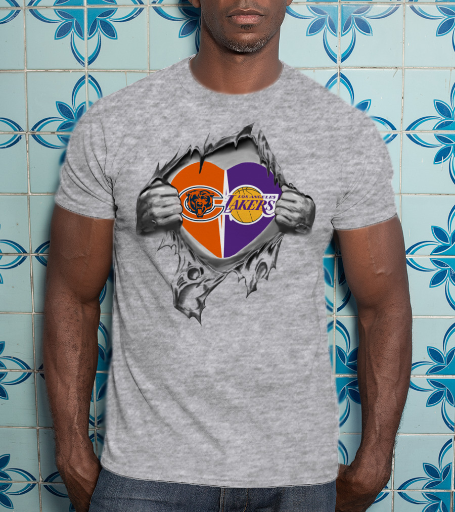 Bears Lakers Heart Torn Open With Chicago And Los Angeles Logos T-Shirt