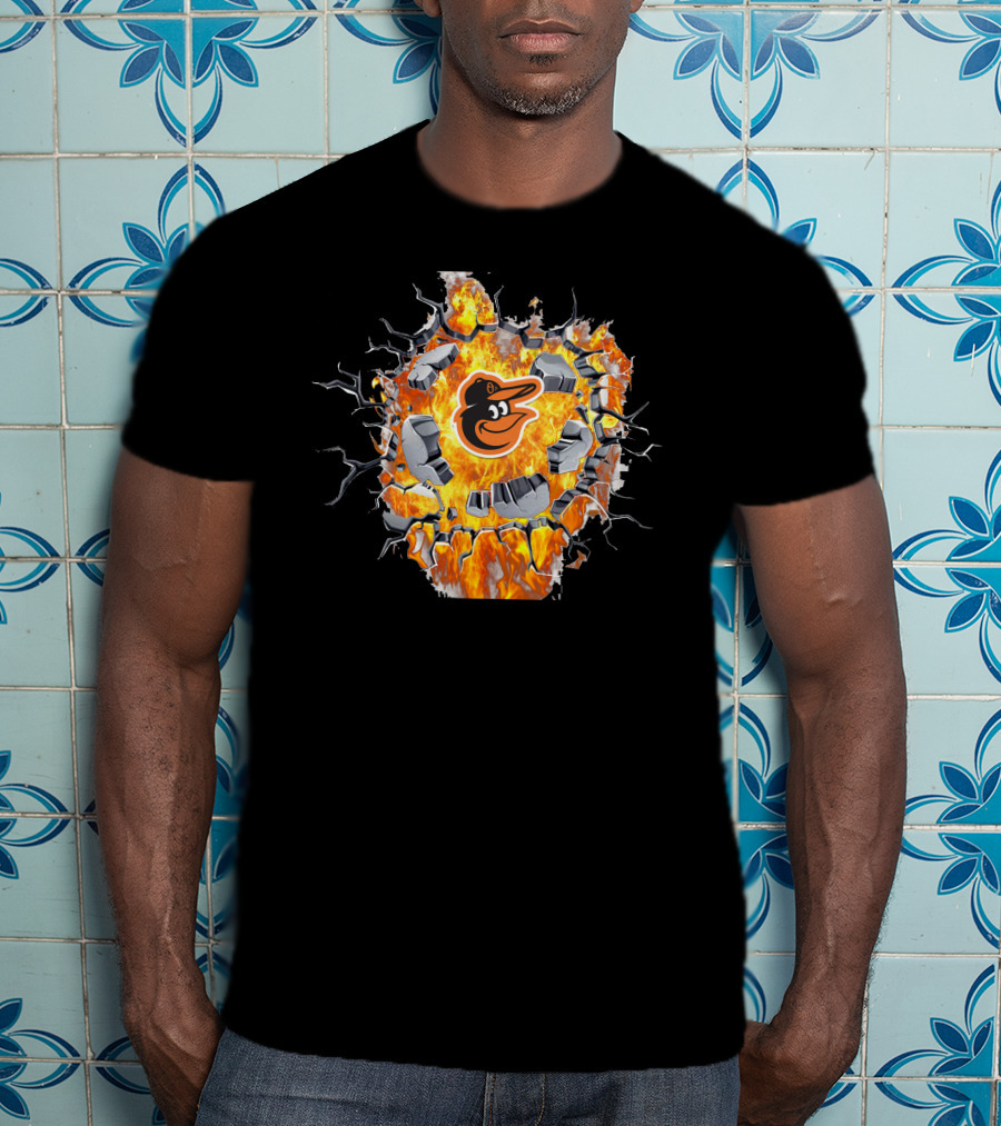 Baltimore Orioles Logo With Fiery Cracked Wall T-Shirt
