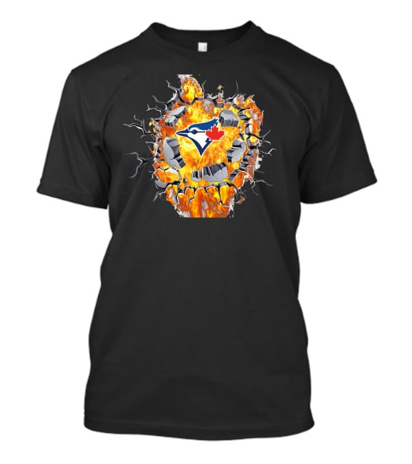 Toronto Blue Jays Logo Shattering Through Flames And Cracking Wall T-Shirt
