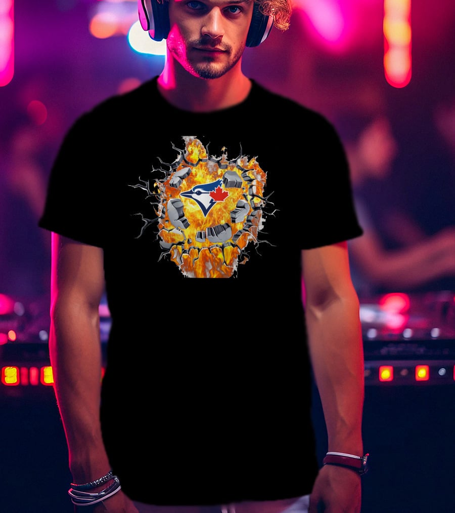Toronto Blue Jays Logo Shattering Through Flames And Cracking Wall T-Shirt
