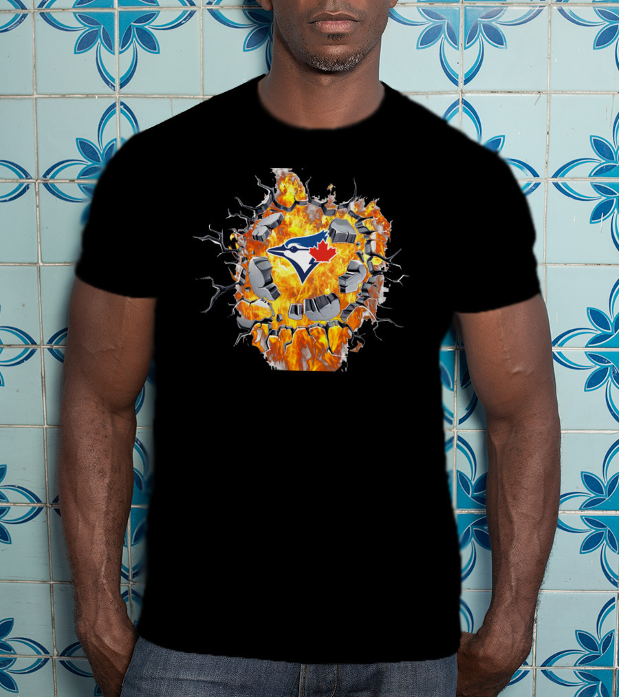 Toronto Blue Jays Logo Shattering Through Flames And Cracking Wall T-Shirt