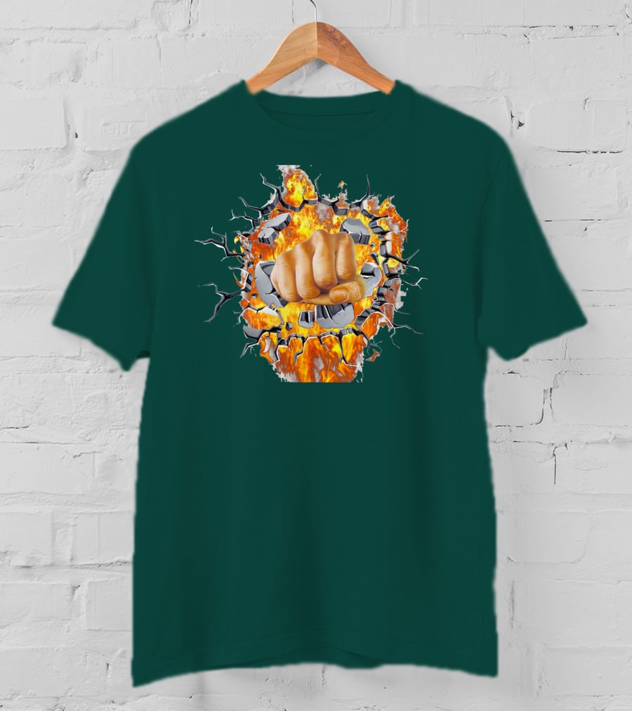 Steel Hands Fist Breaking Through Fiery Wall T-Shirt