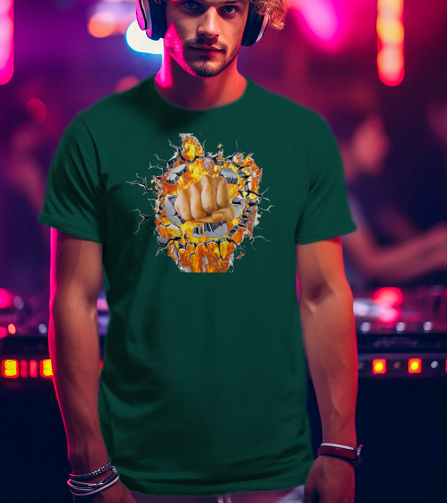 Steel Hands Fist Breaking Through Fiery Wall T-Shirt