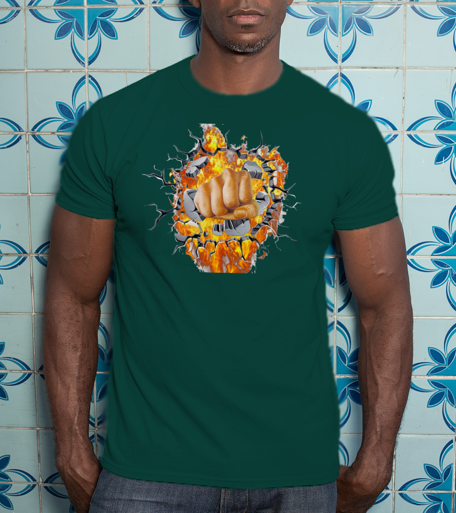 Steel Hands Fist Breaking Through Fiery Wall T-Shirt