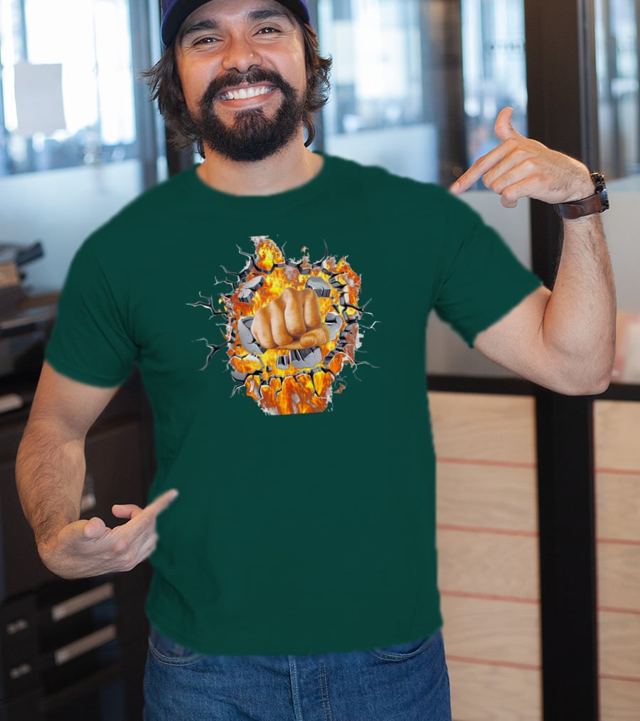 Steel Hands Fist Breaking Through Fiery Wall T-Shirt