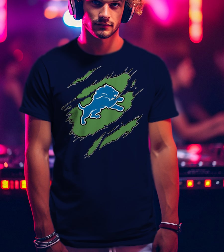 Detroit Lions Blue Roaring Lion With Claw Marks T-Shirt