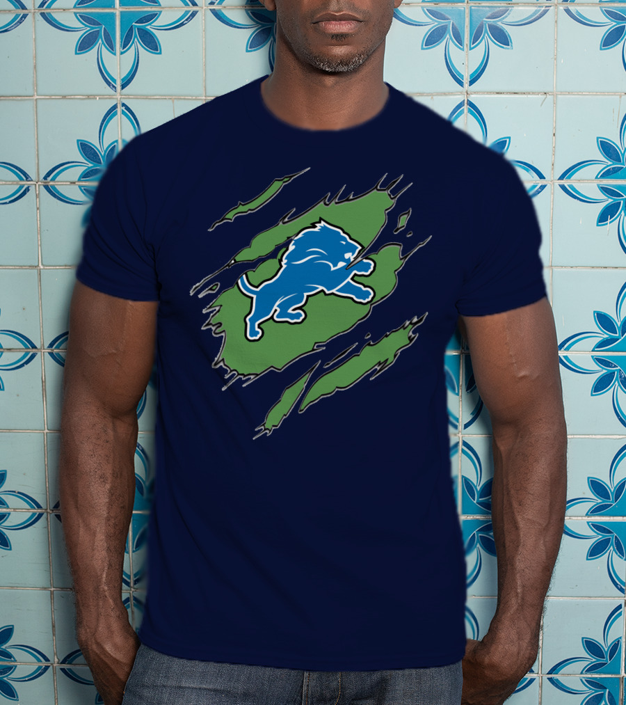 Detroit Lions Blue Roaring Lion With Claw Marks T-Shirt