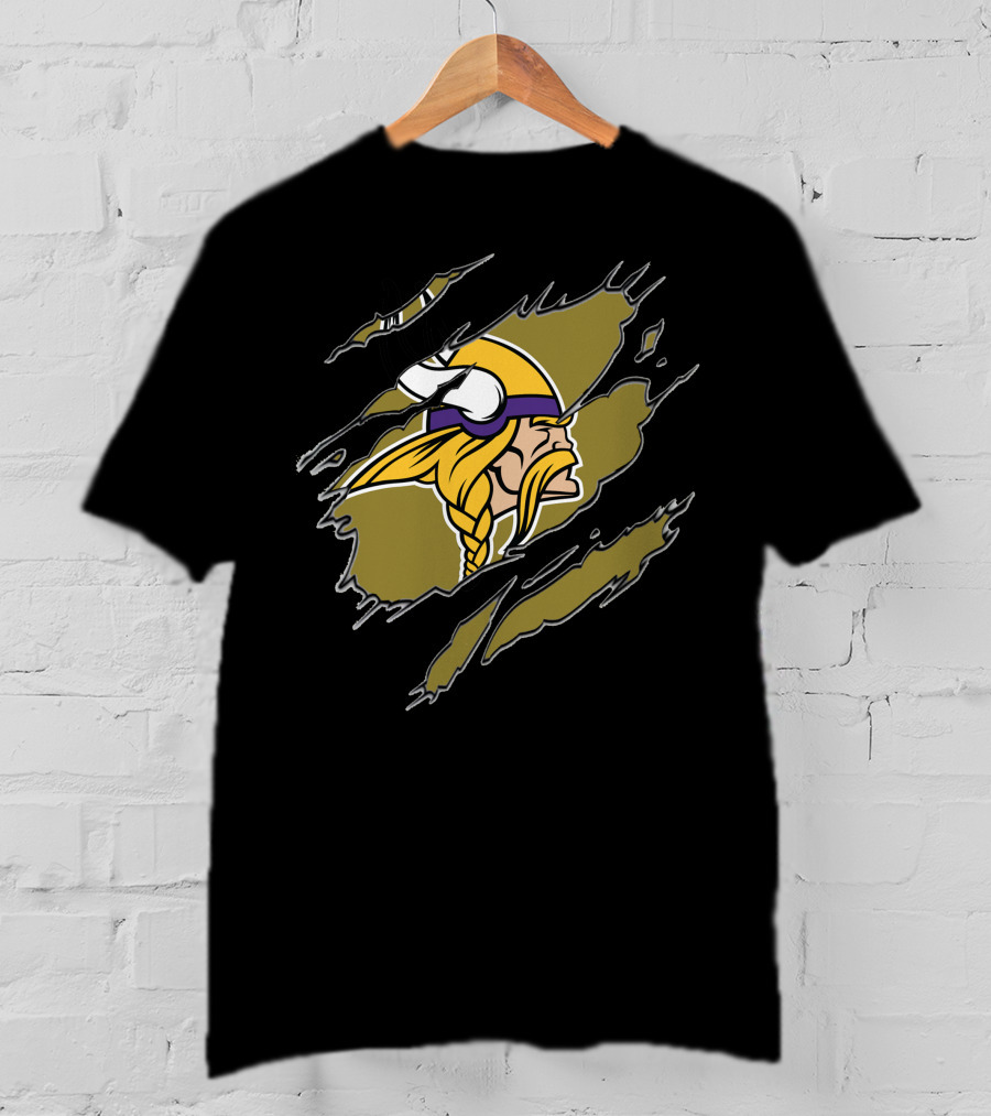 Minnesota Vikings Helmet And Warrior Tear Effect T-Shirt