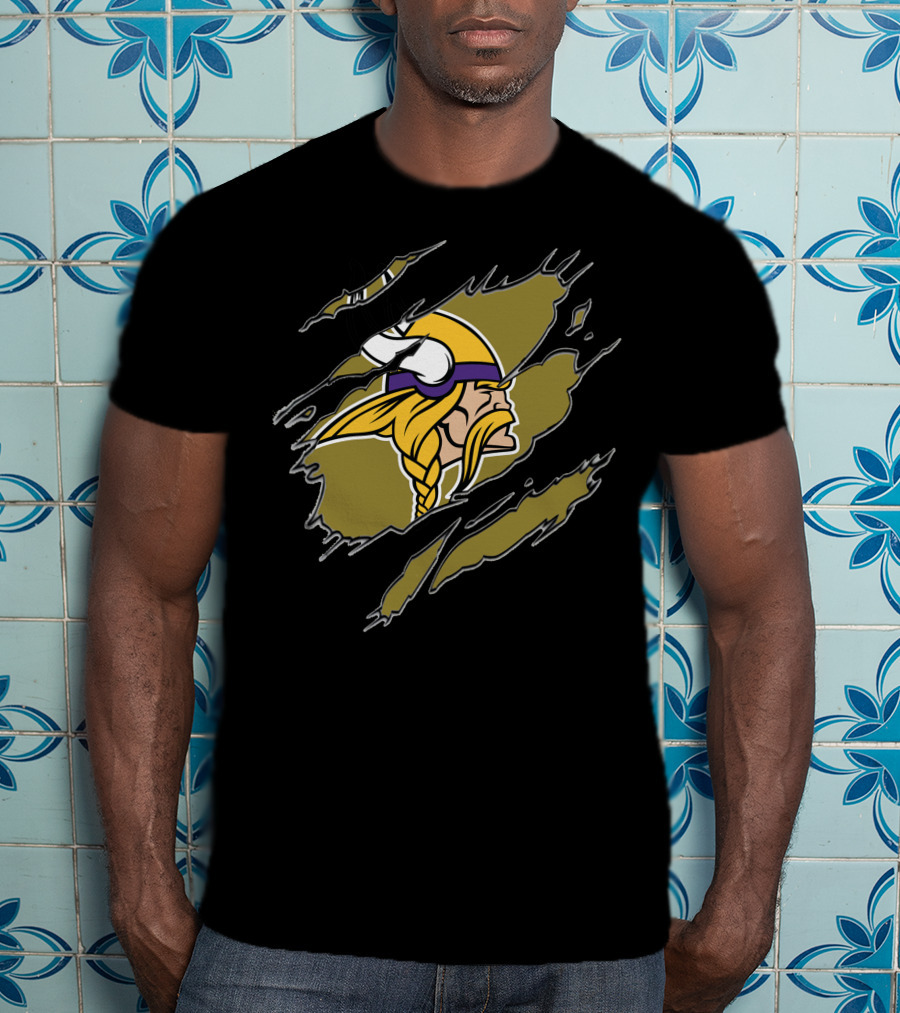 Minnesota Vikings Helmet And Warrior Tear Effect T-Shirt