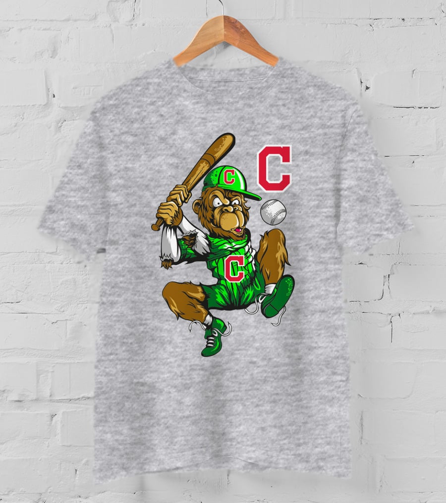 Cleveland Indians Home Run C Logo Green Jersey Baseball Bat Mascot T-Shirt