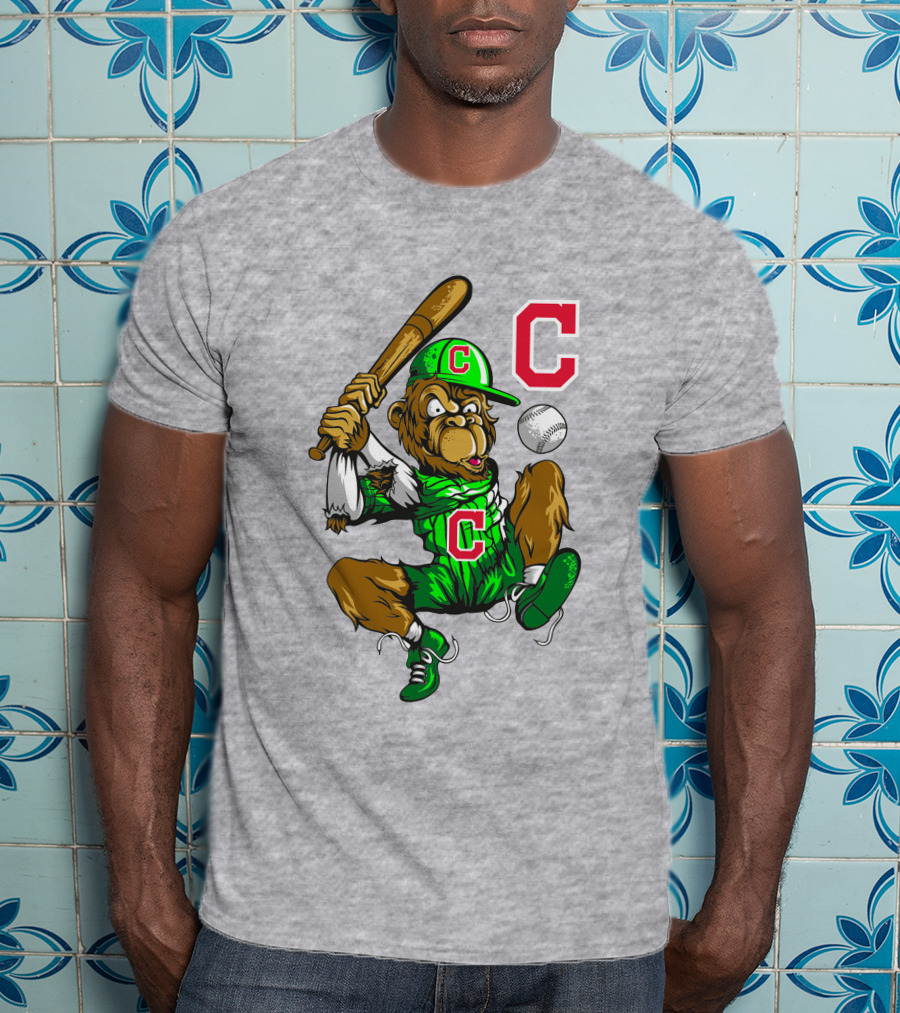 Cleveland Indians Home Run C Logo Green Jersey Baseball Bat Mascot T-Shirt
