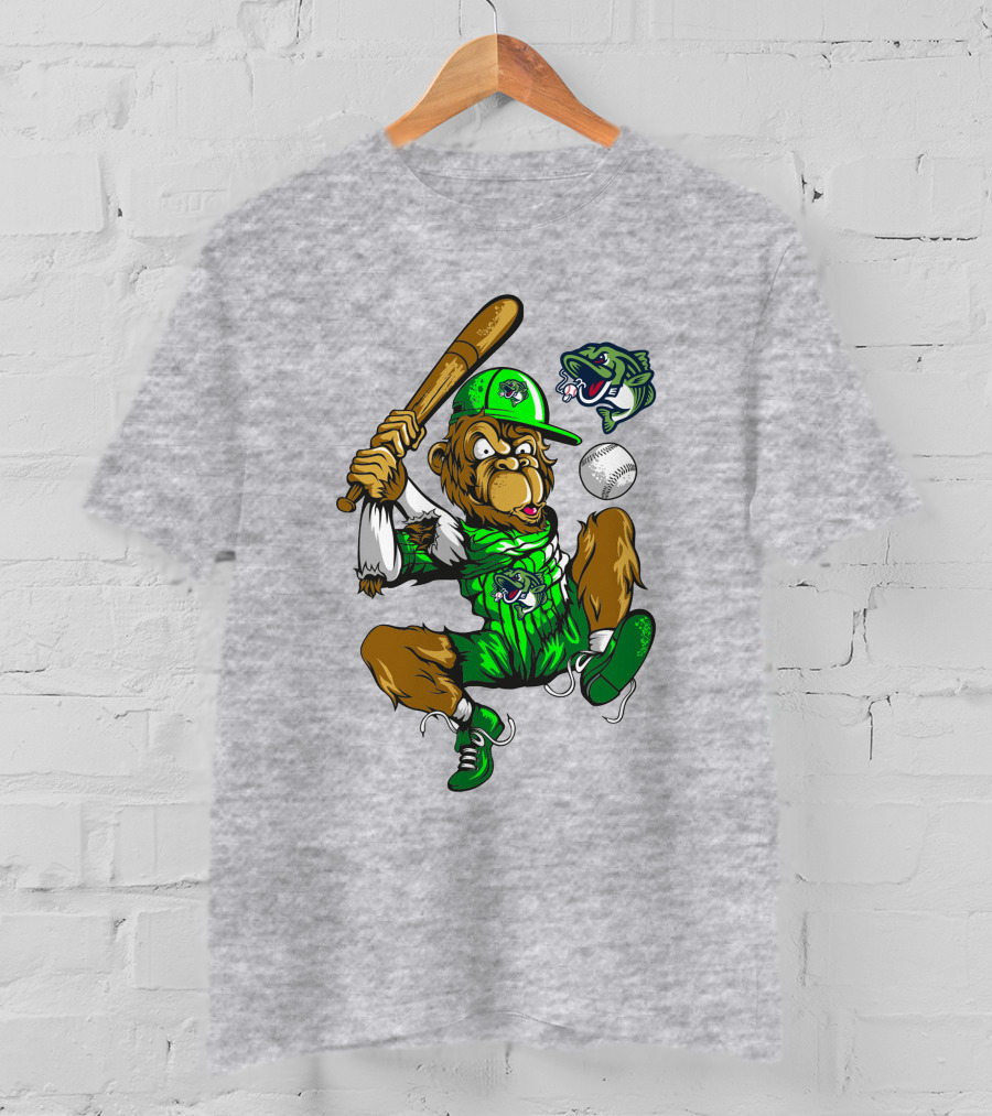 Gwinnett Stripers Baseball Bear Mascot Swinging Bat With Fish T-Shirt