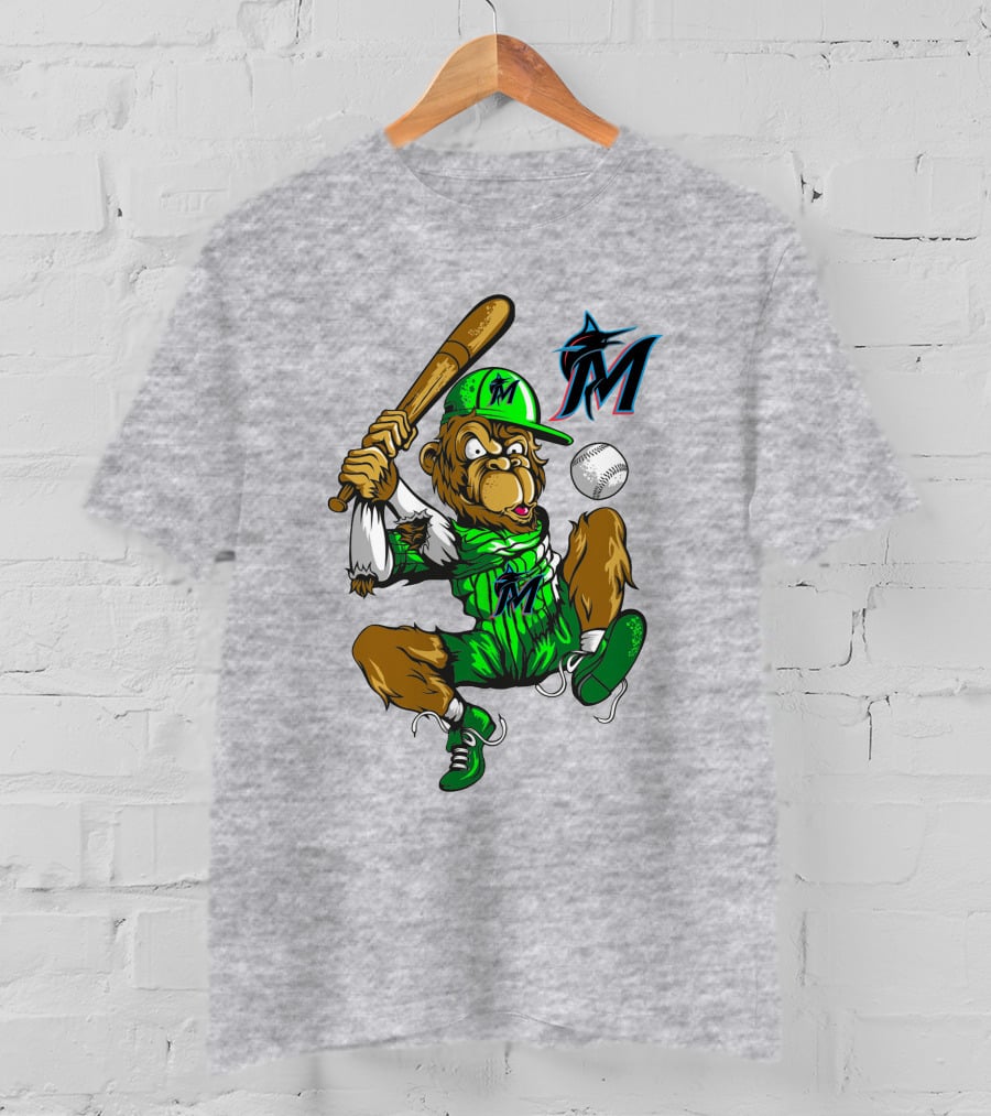 Miami Marlins Monkey Mascot Swinging At Baseball T-Shirt