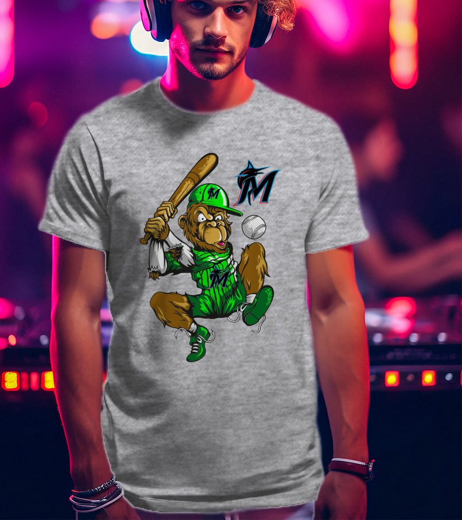Miami Marlins Monkey Mascot Swinging At Baseball T-Shirt