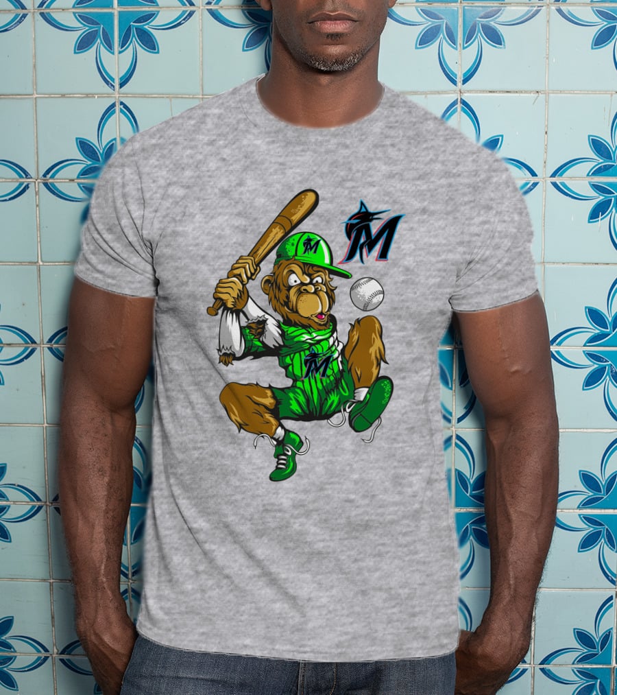 Miami Marlins Monkey Mascot Swinging At Baseball T-Shirt