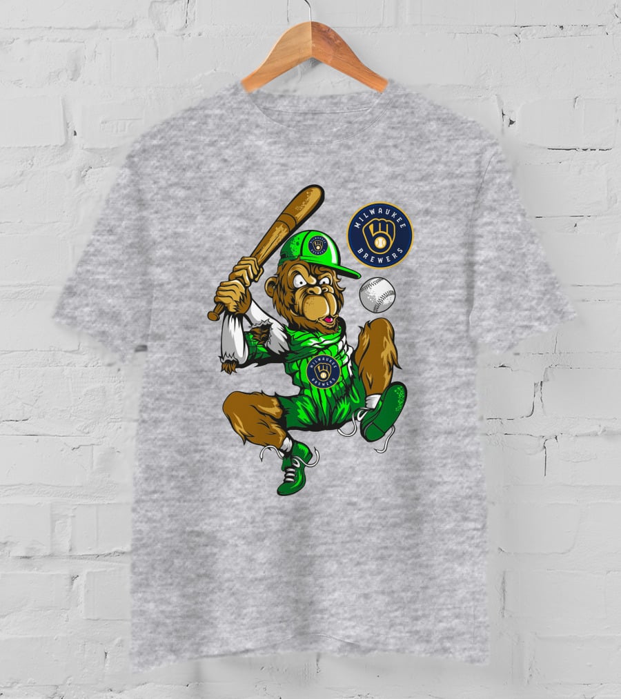 Milwaukee Brewers Baseball Mascot Swinging Bat In Green Uniform T-Shirt