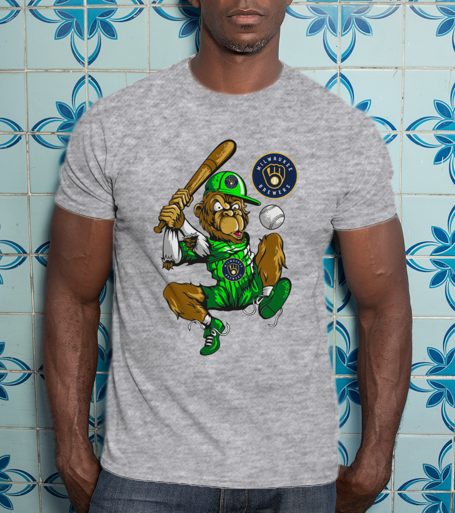 Milwaukee Brewers Baseball Mascot Swinging Bat In Green Uniform T-Shirt