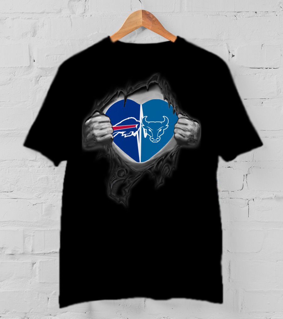 Buffalo Bills Buffalo Bulls Heart Logos Torn Fabric T-Shirt