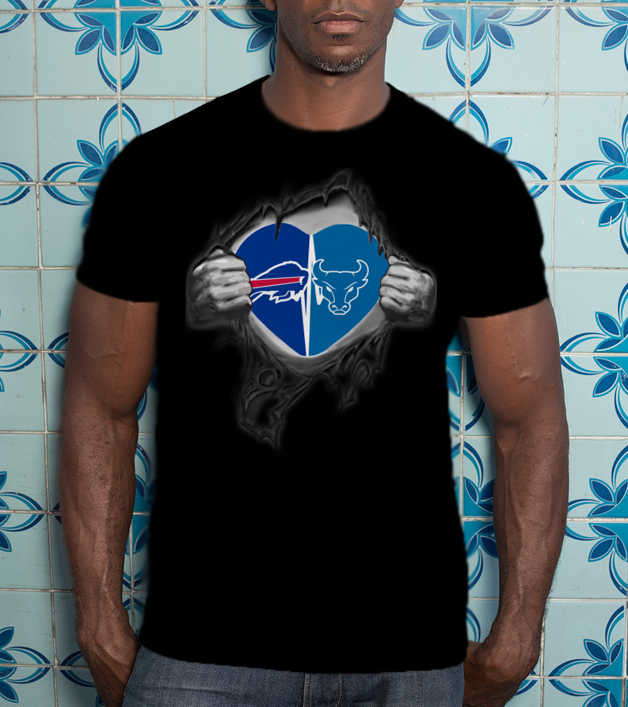Buffalo Bills Buffalo Bulls Heart Logos Torn Fabric T-Shirt