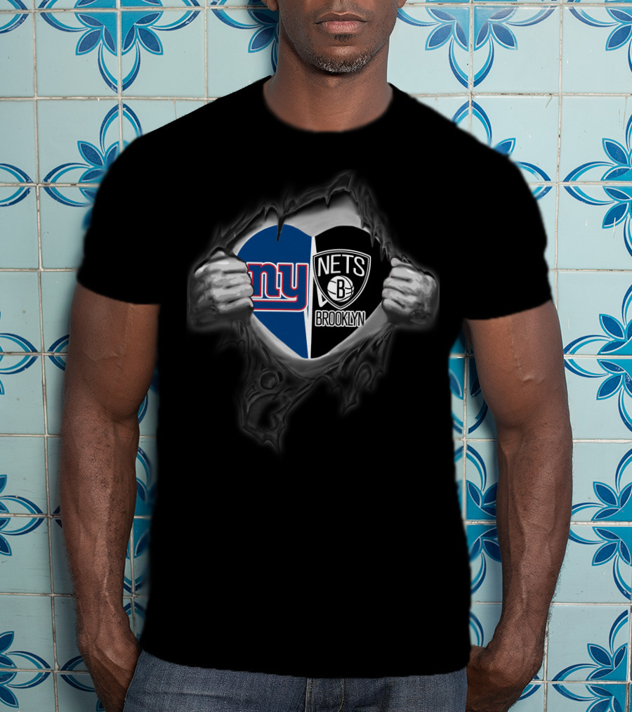 New York Giants Brooklyn Nets Heart Symbol Logo Fusion T-Shirt