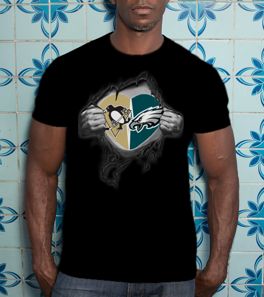 Philadelphia Eagles Pittsburgh Penguins Heart Combination T-Shirt