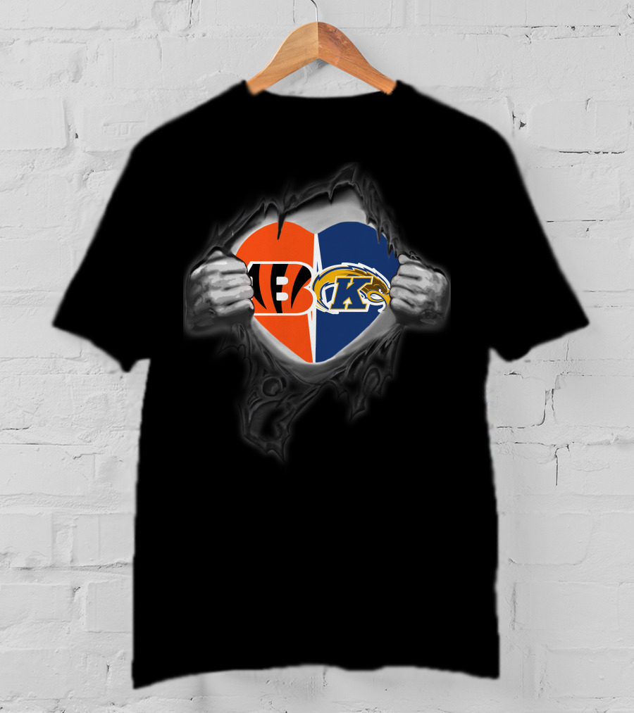 Bengals Kent State Golden Flashes Heartful Allegiance Dual Logo Heart T-Shirt