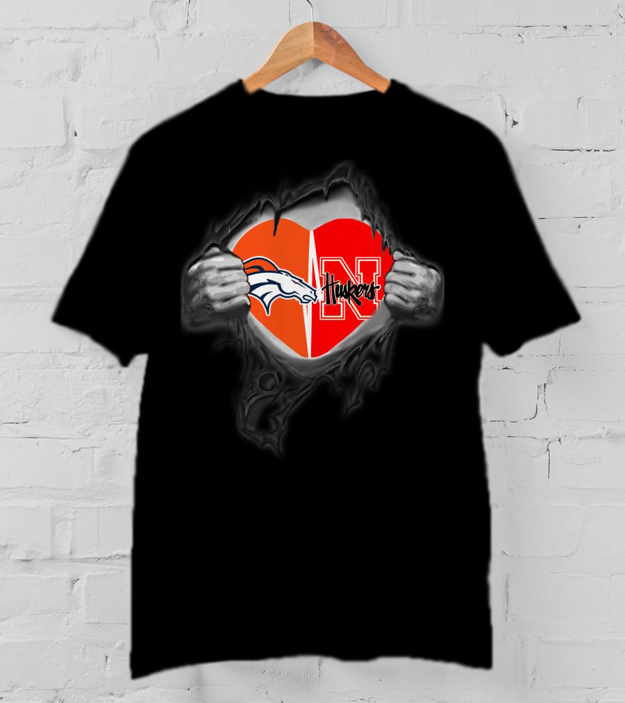 Broncos Huskers Logo Heart Rip T-Shirt