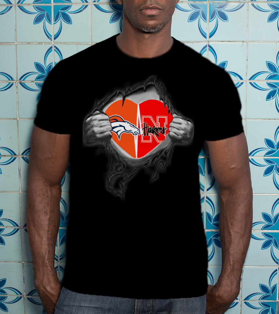 Broncos Huskers Logo Heart Rip T-Shirt