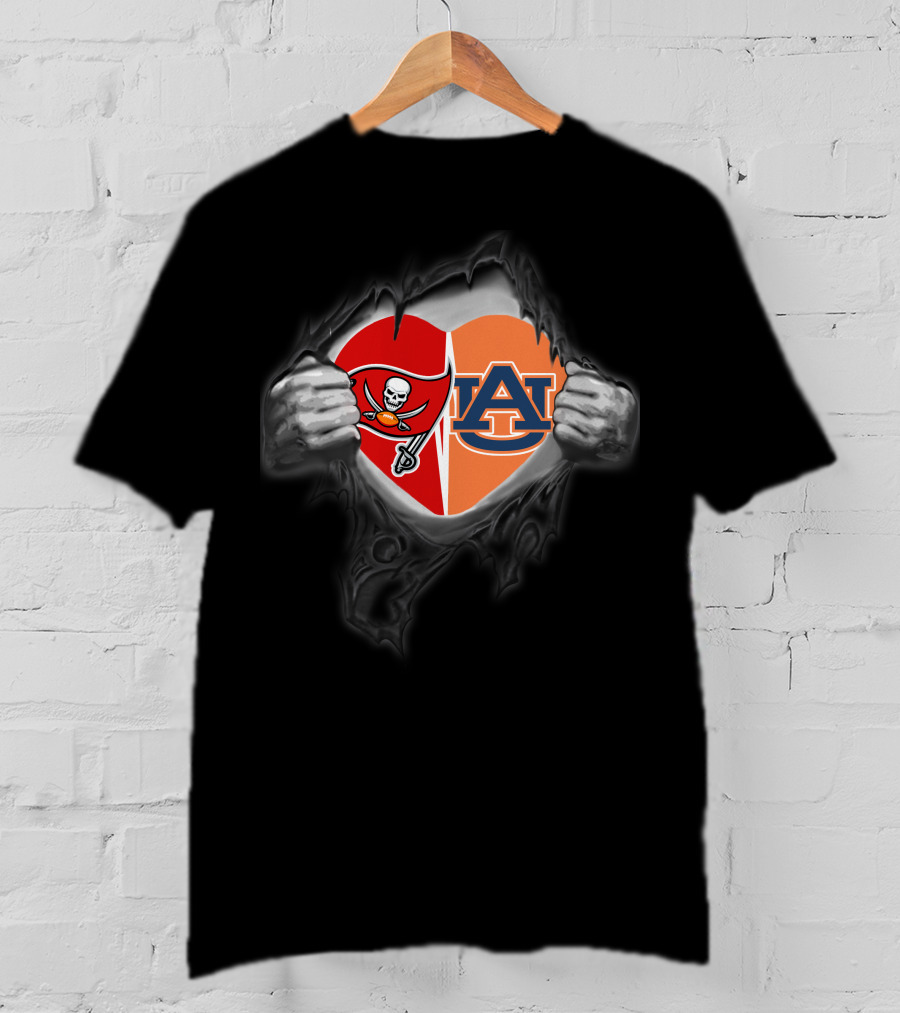 Tampa Bay Buccaneers Auburn Tigers Heart Emblem Peeling Back Layers T-Shirt