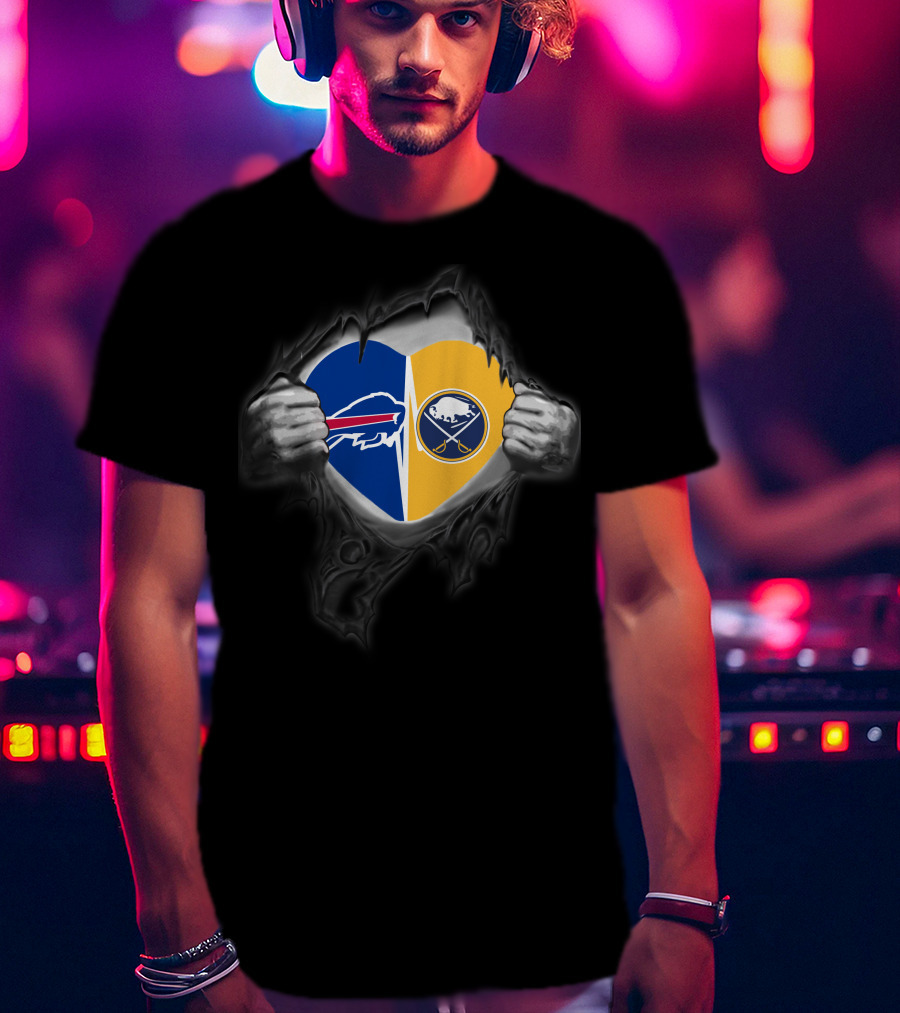 Buffalo Bills Sabres Dual Heart Symbol With Team Logos T-Shirt