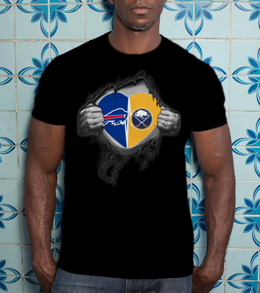 Buffalo Bills Sabres Dual Heart Symbol With Team Logos T-Shirt