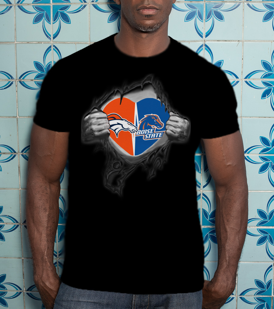 Denver Broncos Boise State Heart Split Logos Torn Chest T-Shirt