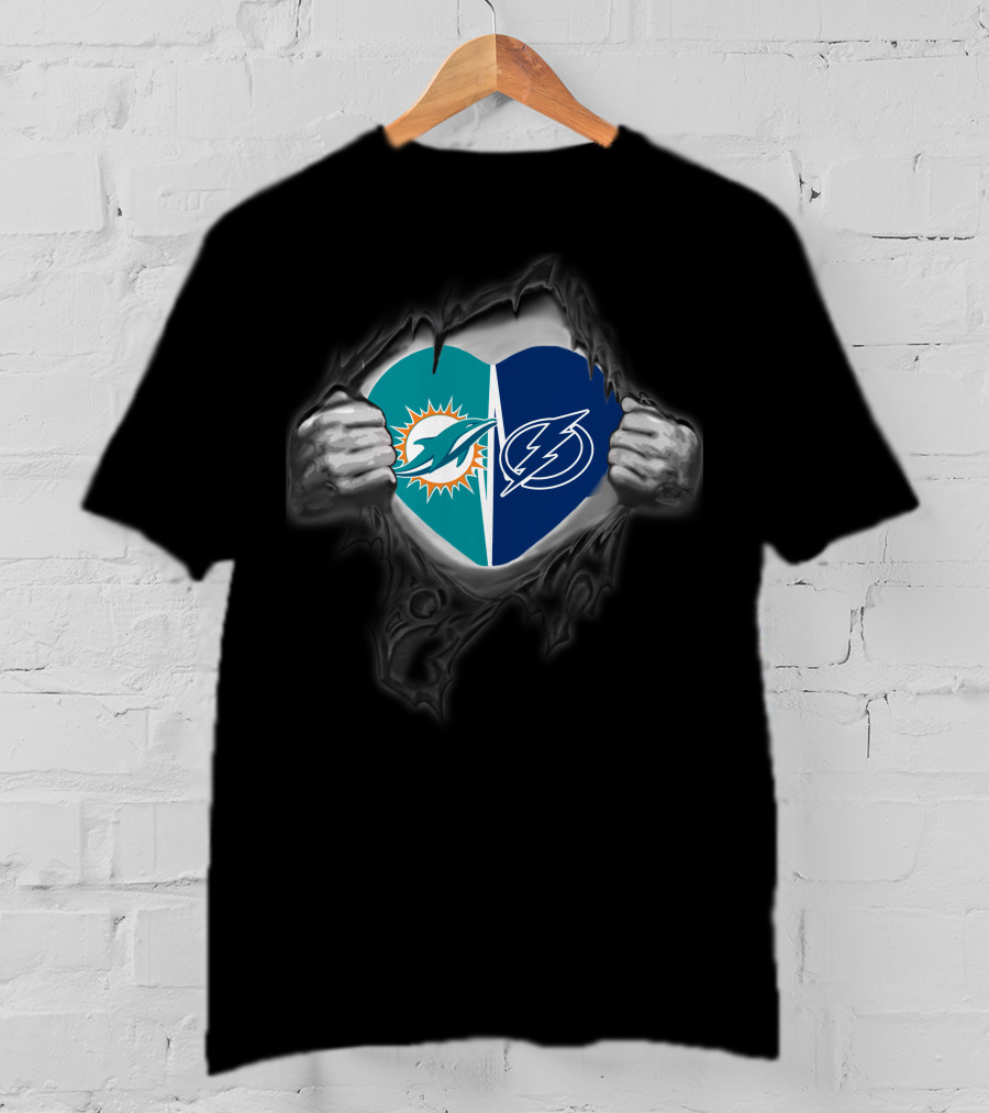 Miami Dolphins Tampa Bay Lightning Heart Unity T-Shirt