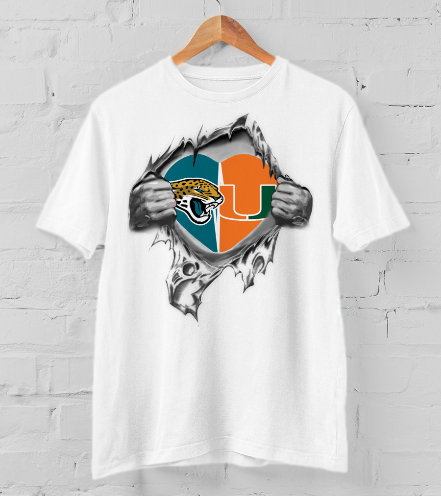 Jaguars Miami Hurricanes Heart Symbol Ripping T-Shirt
