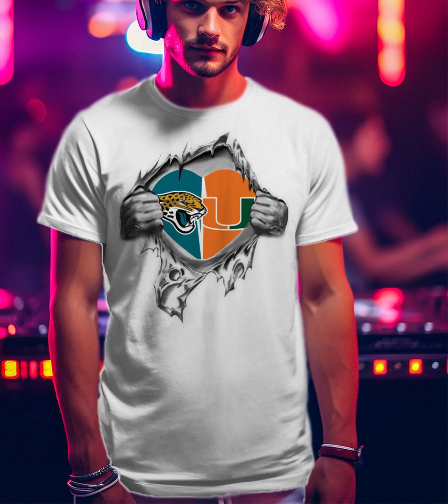 Jaguars Miami Hurricanes Heart Symbol Ripping T-Shirt